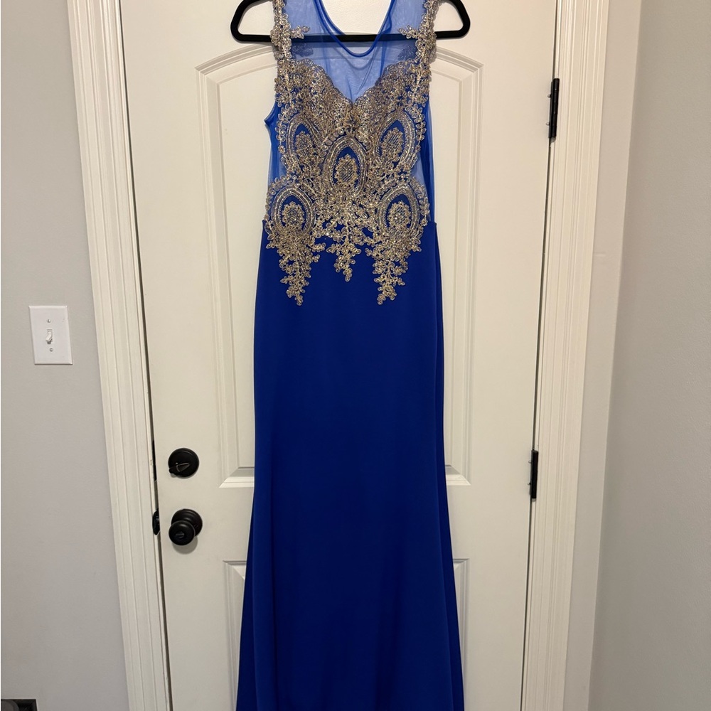 Elegant Blue and Gold Evening Gown